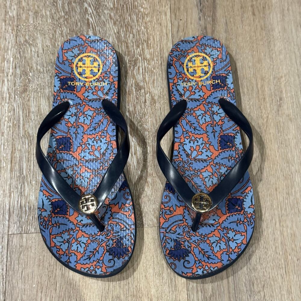 Tory Burch Thin Printed Flip Flops Blue Orange Floral Medallion, 9